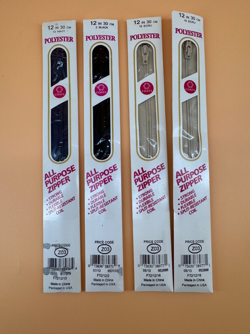 Lot of 4 - Coats & Clark Polyester Zippers 12” All Purpose Black Navy Ecru